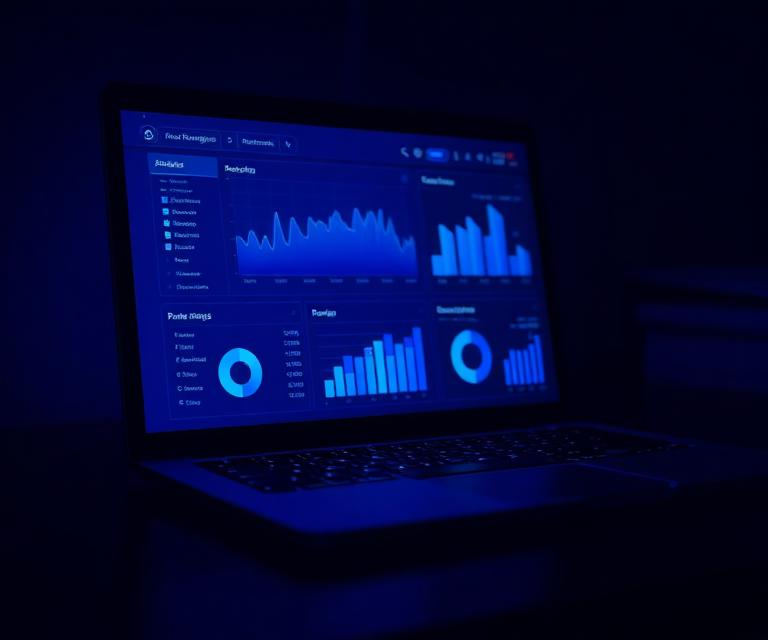 Laptop displaying a blue advertising analytics dashboard