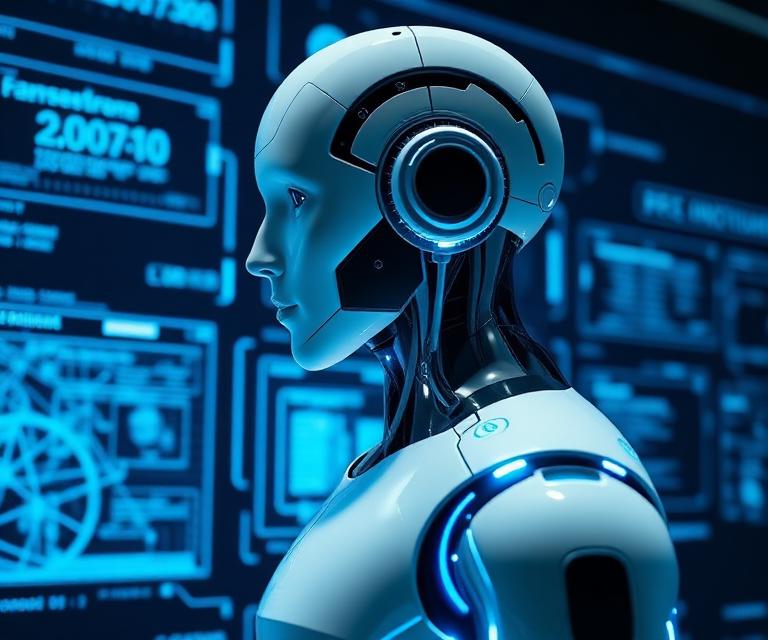 Humanoid AI robot in front of holographic blue data interfaces