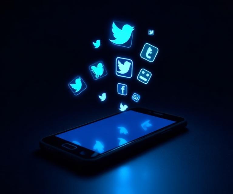 Smartphone with glowing social media icons above the screen