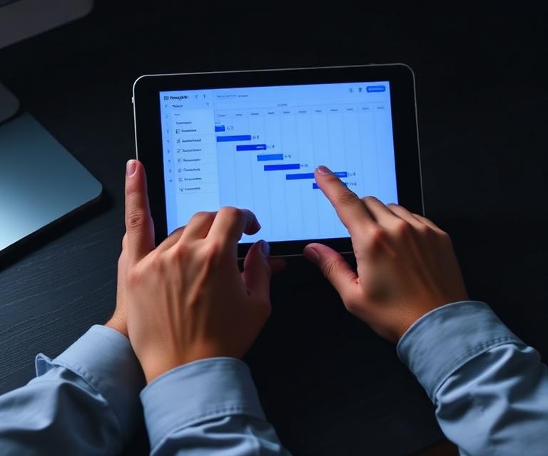 Hands using a tablet showing a project management timeline
