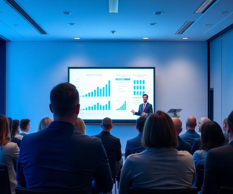 Corporate training session with a presenter and seated professionals